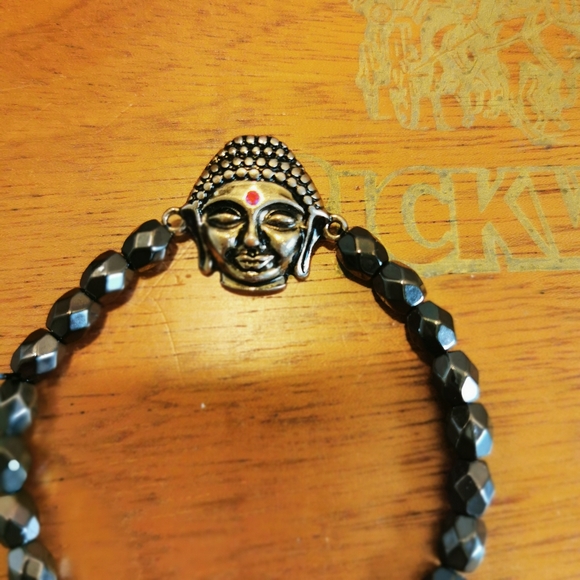 Stretch Faceted Hematite and Brushed Silver Tone Buddha Bracelet - Picture 11 of 12